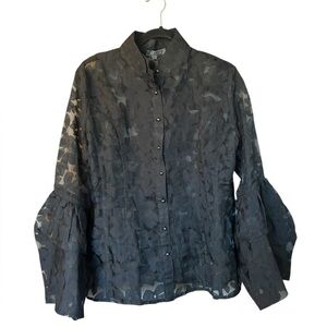 Garcia Women's Black Sheer Floral Blouse Bell Sleeves Peplum Ruffle Collar Large